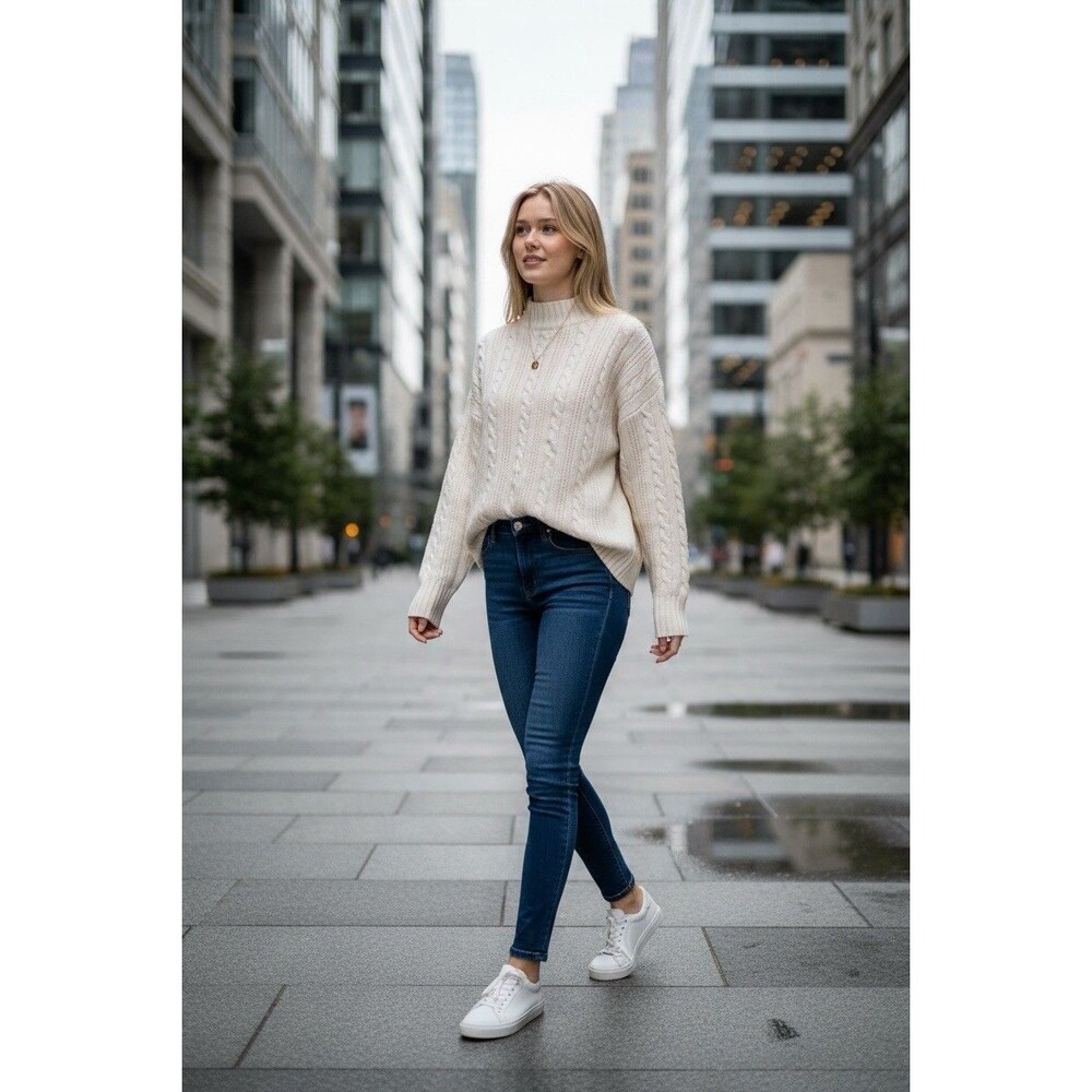 MaxMara Women’s Jumper Sz M Cashmere-Wool Blend Cable Knit Sweater Ivory Colour